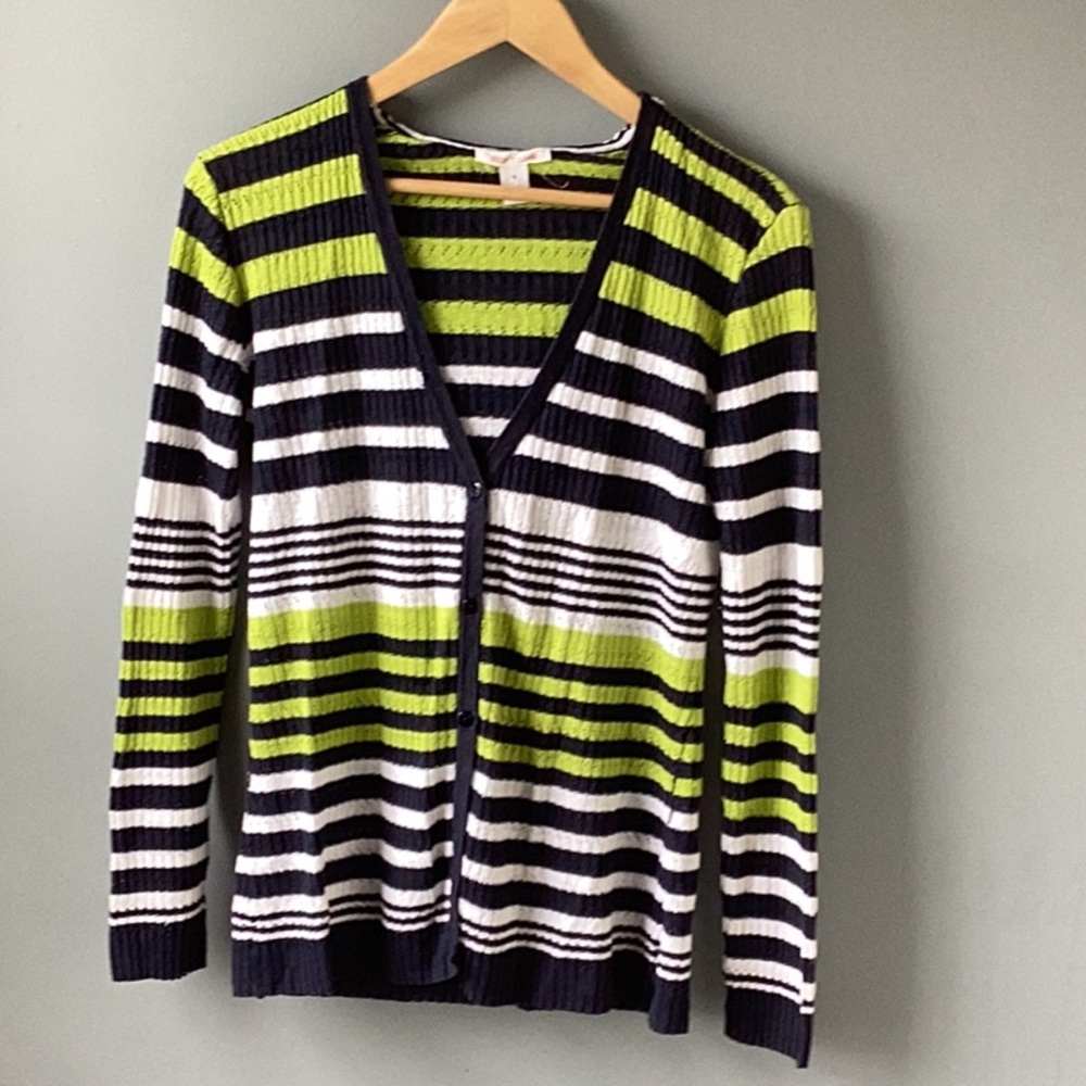ALICE + OLIVIA Navy and Green Stripe Hooded Cardigan Size Small